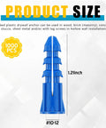 1000 Pack Blue Plastic Drywall Wall Anchors Ribbed Sizes 10 to 12 by 1 Inch for Hollow Walls and Concrete