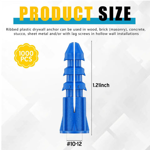 1000 Pack Blue Plastic Drywall Wall Anchors Ribbed Sizes 10 to 12 by 1 Inch for Hollow Walls and Concrete