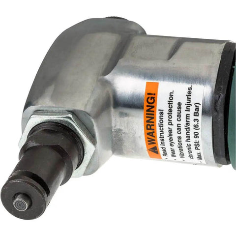 Pneumatic Nibbler For Sheet Metal With Lightweight Aluminum Housing close-up showing adjustable die and safety warning label.