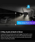 ColorPro 2K QHD Outdoor Camera with daylight clarity at night and built-in siren alerts on a parked car scene detection.