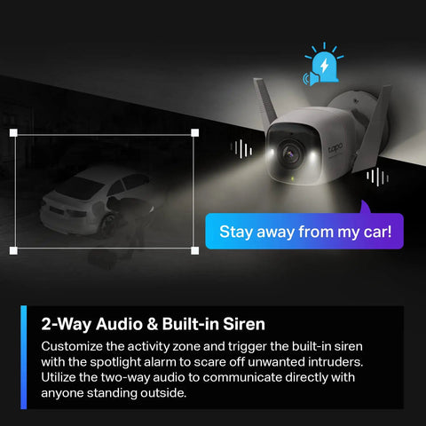 ColorPro 2K QHD Outdoor Camera with daylight clarity at night and built-in siren alerts on a parked car scene detection.