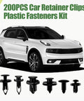 Universal Car Retainer Clips Kit With 200 Pcs Nylon Fasteners and white SUV car shown with different clip types