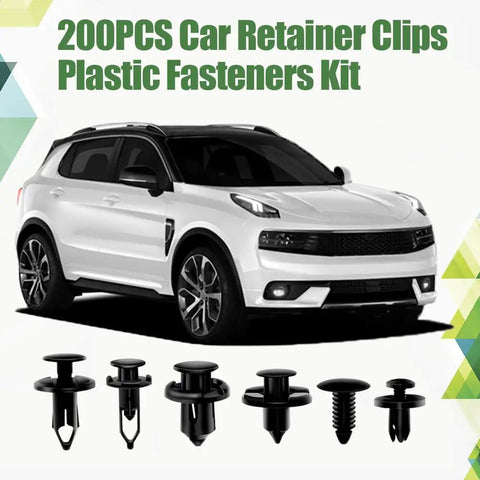 Universal Car Retainer Clips Kit With 200 Pcs Nylon Fasteners and white SUV car shown with different clip types
