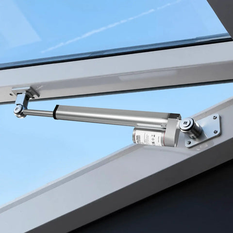 12V Linear Actuator, 8 Inch Stroke, installed in window, IP54 Protection
