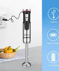 Cordless Immersion Hand Blender 3 In 1 With Whisk And Milk Frother No Cord Hassle 8 Speed Emulsion Mixer For Soups And Smoothies Rechargeable USB C Fast Charge Portable Handheld Blender For Easy Cooking shown charging with USB-C type in kitchen with vegetables in background.