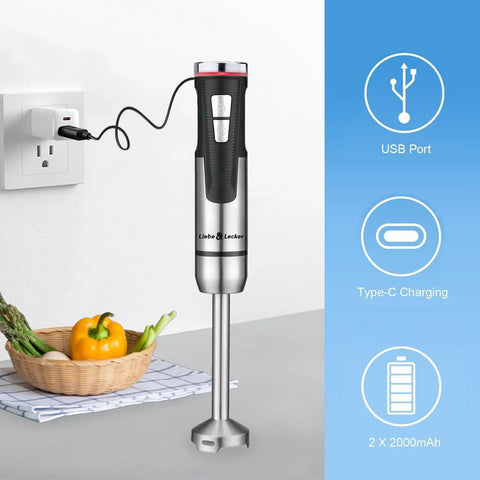 Cordless Immersion Hand Blender 3 In 1 With Whisk And Milk Frother No Cord Hassle 8 Speed Emulsion Mixer For Soups And Smoothies Rechargeable USB C Fast Charge Portable Handheld Blender For Easy Cooking shown charging with USB-C type in kitchen with vegetables in background.