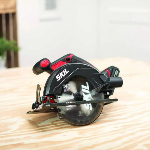 20V Cordless Circular Saw With 6 1/2 Inch Carbide Tip Blade Includes 2 Ah Lithium Battery And Smart Charger on wooden table.