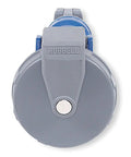 Top Shelf Blue Watertight Pin And Sleeve Connector For 60Amp 3 Phase Gear. Gray housing seen from the front with locking mechanism.