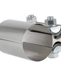 Close-up of the Four Pack 2.5 Inch Stainless Steel Butt Joint Exhaust Clamp Band Sleeve, showcasing corrosion-resistant finish and bolts.