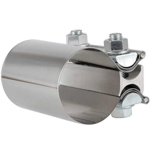 Close-up of the Four Pack 2.5 Inch Stainless Steel Butt Joint Exhaust Clamp Band Sleeve, showcasing corrosion-resistant finish and bolts.