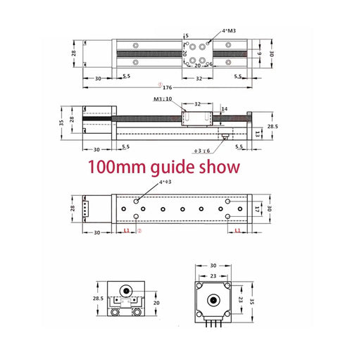 Hella Smooth Mini 28 Stepper Motor Slide Table Paired With A Tight T6 Ball Screw Linear Guide dimensions and technical drawing.