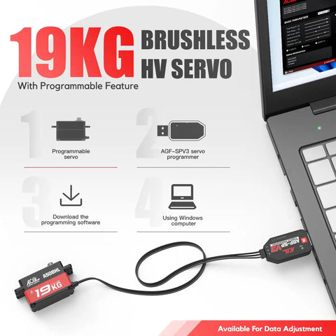Setup of Beefy High Torque Low Profile Digital Servo With Full Metal Gear And Brushless Motor Programmable RC Servo For One Tenth Scale Cars And Robots 19Kg Torque 0.073s Speed Programmable Via SPV3 Programmer For Custom Settings with laptop and connection cables visible
