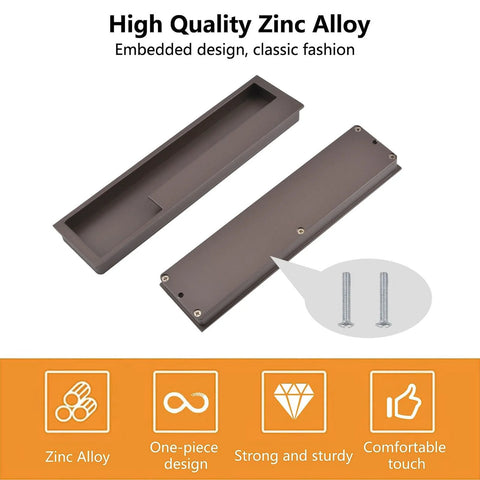 Zinc Alloy Flush Pull Handles Set Of 2 for Sliding Doors and Drawers with 4 stainless screws, brown finish, modern minimalist design