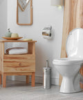 Bathroom setup with Multi Drain Toilet Plunger With Holder For Bathroom And Bathtub Quick Dry Chrome Finish next to toilet