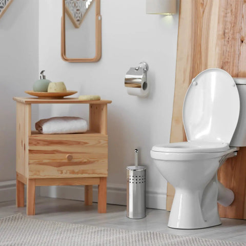 Bathroom setup with Multi Drain Toilet Plunger With Holder For Bathroom And Bathtub Quick Dry Chrome Finish next to toilet