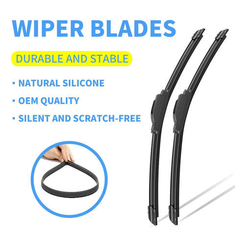 Silicone Wiper Blades 24 Inch Front Set Of 2 For Dodge Ram Rigs 1500 2002 To 2008 Ram 2500 2003 To 2008 Ram 3500 2003 To 2008 And Ram 1500 2019 To 2025 All Season Windshield Replacement with silicone material, shown with durability features and close-up insert of hand holding blade.