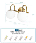 Modern Bathroom Vanity Light Fixtures With Two Lights Brushed Brass Finish And Milk White Globe Glass Shade Wall Bar Sconce Lighting Over Mirror For Bath Vanity Dresser Or Study Room Easy Installation with dimensions and bulb recommendations.