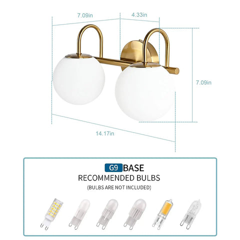 Modern Bathroom Vanity Light Fixtures With Two Lights Brushed Brass Finish And Milk White Globe Glass Shade Wall Bar Sconce Lighting Over Mirror For Bath Vanity Dresser Or Study Room Easy Installation with dimensions and bulb recommendations.
