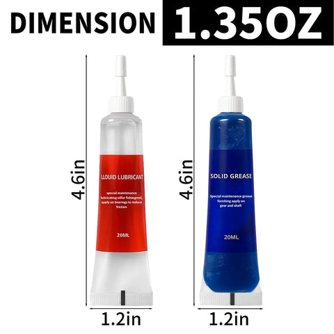 All Purpose Fishing Reel Lubricant Kit 1.35oz with liquid oil and solid grease tubes, labeled dimensions, for various reel types.