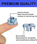 100 Pack 1 Quarter Inch 20 T Nuts Zinc Plated Steel Threaded Inserts Five Sixteenth Inch Barrel Length Four Prong Tee Nuts shown on finger