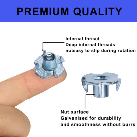 100 Pack 1 Quarter Inch 20 T Nuts Zinc Plated Steel Threaded Inserts Five Sixteenth Inch Barrel Length Four Prong Tee Nuts shown on finger