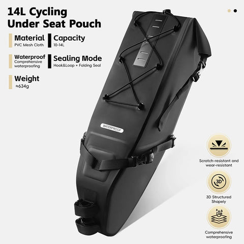 Massive 10 To 14L Under Seat Bike Saddle Bag With Roll Top Seal Durable PVC Fabric And Adjustable Straps For Long Distance Rides