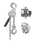Front view of HUGOASIS mini lever hoist 1/2 ton with silver body, black handle, and chained hook