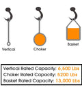 Lift sling straps: vertical, choker, basket with capacities 6,500, 5,200, 13,000 lbs.