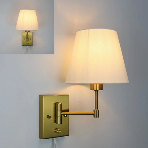 Gold Brass Swing Arm Wall Sconces Two Pack With Beige Linen Shade Plug In Wall Lamps For Bedroom And Living Room Vintage Style Cozy Vibe Easy Plug In Cord And On Off Rotary Switch