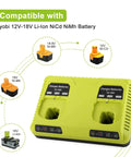 Dual Chemistry 18V Ryobi Battery Charger With Dual Ports Charges Two Batteries At Once For P117 P118 P119 P190 P102 P103 P107 P108 PBP Series For Ryobi One Plus Batteries LiIon NiCad NiMh showing compatibility with various battery types