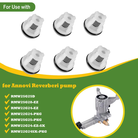 Six white replacement check valves with O-rings for AR Annovi Reverberi pressure washer pumps (RMW/RMV), 6-pack.