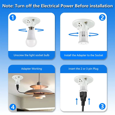 Step-by-step instructions for installing 2 Pack Light Socket To Outlet Adapter Converts E26 Light Socket Into 3 Prong Outlet Compatible.