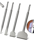 Four Beefy SDS Plus Rotary Hammer Tile Chisel Set pieces with pointed, flat, stripping, and tile spade bits for demolition and removal.