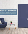 Kira Privacy Door Lever Right Handed Privacy Lock for Bedroom and Bathroom Push Button Handle with Exterior Pin Key Polished Chrome Finish installed on blue door in modern room setting.