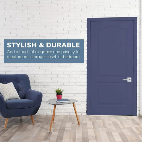 Kira Privacy Door Lever Right Handed Privacy Lock for Bedroom and Bathroom Push Button Handle with Exterior Pin Key Polished Chrome Finish installed on blue door in modern room setting.
