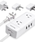 All In One Travel Power Strip With 2 Prong To 3 Prong Converter, Four Outlets And Three USB Ports, US UK EU World Travel Adapter, Wall Mountable, Five Foot Extension Cord, No Fuss Plug And Play For Home Office And Travel with international plug adapters.