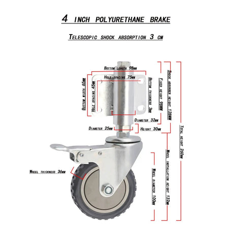 Built Tough 4 Inch Heavy Duty Sliding Door Caster Wheel With Integrated Shock Absorber And Secure Foot Brake dimensions and details image
