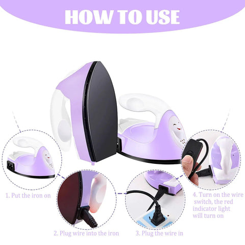 Portable Mini Heat Press Machine With Charging Base For DIY T Shirts Bags And Hats Light Purple shown with wiring instructions and user guide.