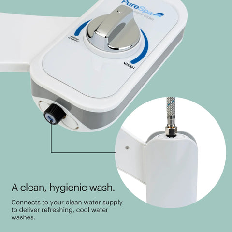 Close-up of PureSpa Easy Non Electric Bidet Attachment With Self Cleaning Nozzles, featuring control knob and water connection.