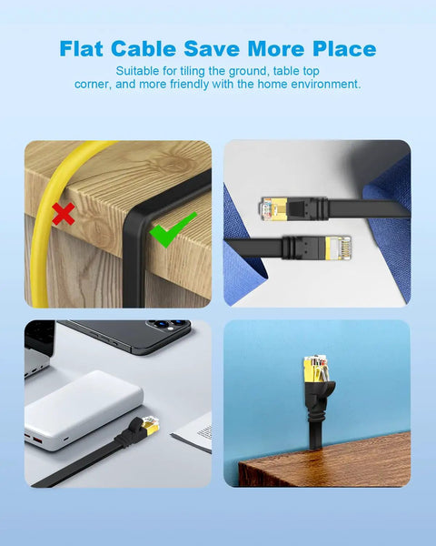 Flat Cat 8 Ethernet Cable 6ft 3 Pack SFTP High Speed 40Gbps 2000MHz routing neatly around furniture