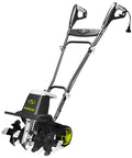 Corded Electric Garden Tiller And Cultivator with Steel Tines, 16 Inch Width, 12 Amp Motor, folding handle visible