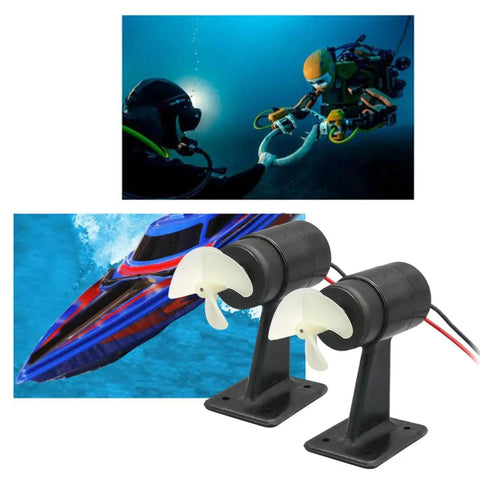 Underwater RC Thruster Motor for Jet Boats and Submarines, Anti Rust Propeller Drive with CW CCW shown with diver and boat