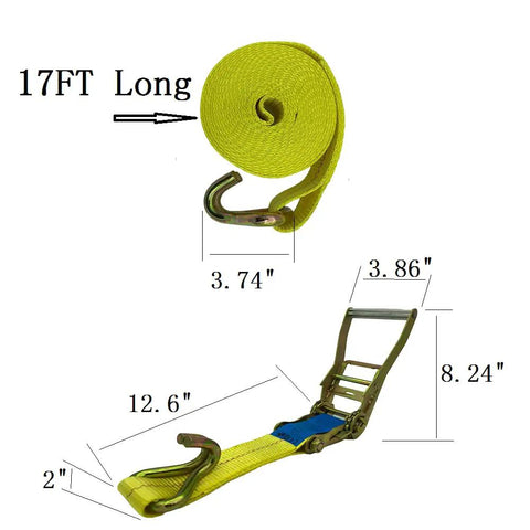 Heavy Duty Ratchet Straps 2 Inch By 17 Foot Rated For Up To 10000 Pounds featuring yellow webbing and steel J hooks.