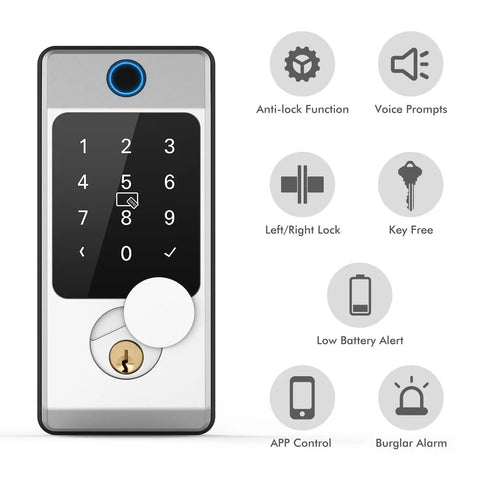 Keyless Entry Door Lock With Keypad For Front Door Biometric Fingerprint Deadbolt Passcode Lock Digital Electronic Smart Silver Finish