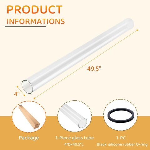 Glass Tube Replacement For Patio Heaters, 49.5 Inch Tall By 4 Inch Diameter, Includes Neoprene Ring, product dimensions and package