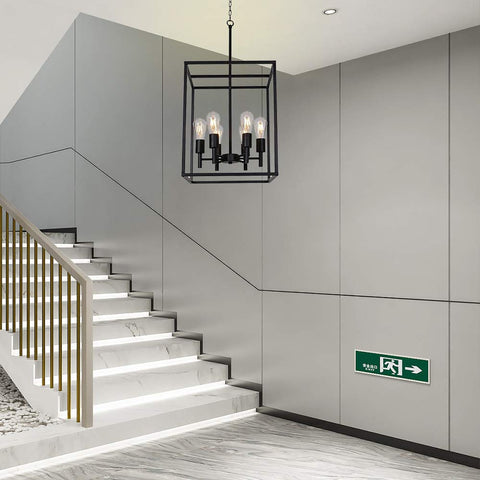 Black Classic Farmhouse 6 Light Pendant Chandelier With Square Cage Shades installed in a modern stairway