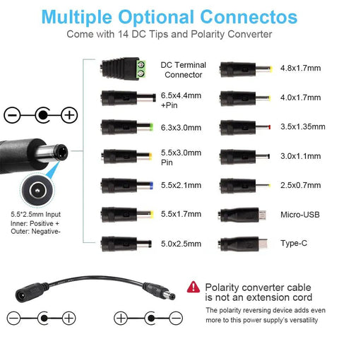 Power Supply Kit 3V To 24V Adjustable 6A 144W tips and polarity converter diagram with various connector sizes