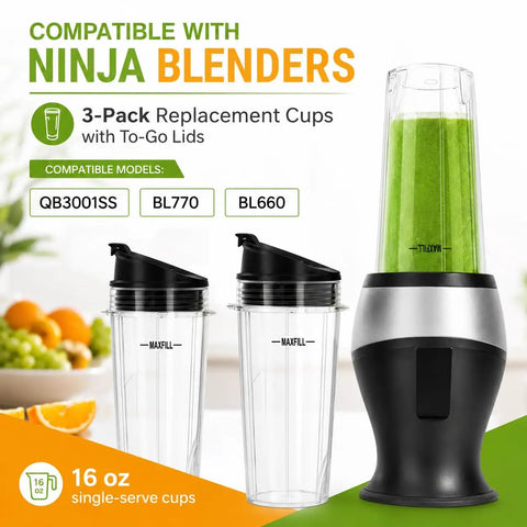 Two Pack 18 Ounce Blender Cups With Sip N Seal Flip Lids Replacement for High Power Countertop Blenders next to blender