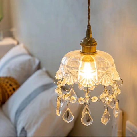 Glass Pendant Lamp Crystal Pendant Light Shade Ceiling Light Chandelier Ceiling Lamp Bedside Lamp for Bedroom with crystal accents.