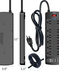 Six Foot Surge Protector Power Strip With Twelve Outlets And Four USB Ports, Heavy Duty Extension Cord, 2700 Joules, Overload Protection, Perfect For Home Office, Gaming Setup, And More, black side view